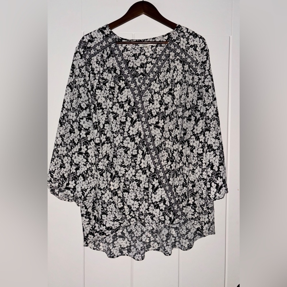 Max Studio Chiffon Ethereal Floral Faux Wrap Blouse Cottagecore Women 3X Office